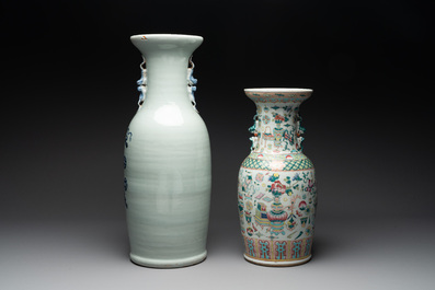 A pair of Chinese Nanking famille verte crackle-glazed vases, a famille rose vase and a blue and white celadon-ground vase, Chenghua mark, 19th C.