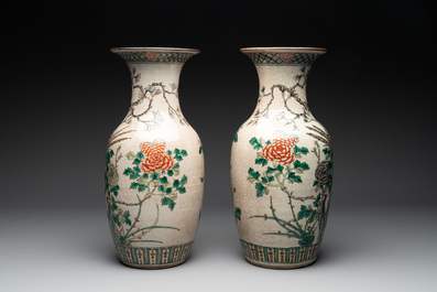 A pair of Chinese Nanking famille verte crackle-glazed vases, a famille rose vase and a blue and white celadon-ground vase, Chenghua mark, 19th C.