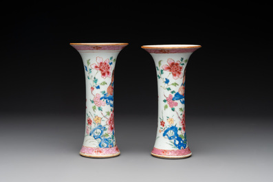 A Chinese famille rose 'birds' garniture with five vases, Qianlong