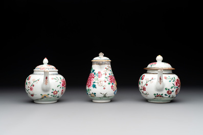 Two Chinese famille rose 'rooster' teapots, a milk jug and four handled cups, Yongzheng