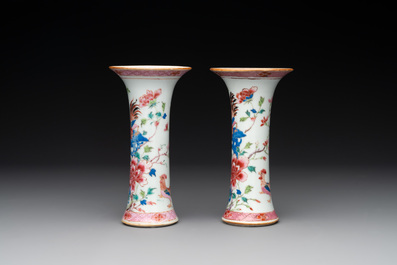 A Chinese famille rose 'birds' garniture with five vases, Qianlong
