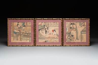 Chinese School: Nine 'erotic' paintings, ink and colour on silk, 19th C.