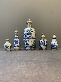 Five Chinese blue and white silver-mounted vases, Kangxi