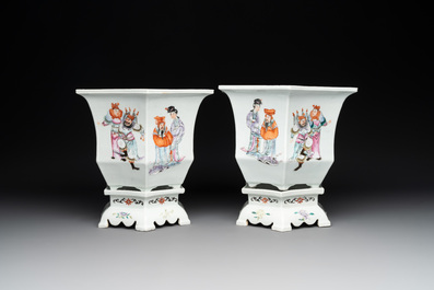 A pair of Chinese famille rose 'Wu Shuang Pu' hexagonal jardini&egrave;res on stands, Republic