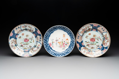 13 Chinese famille rose, verte, blue and white plates and dishes, Kangxi/Qianlong