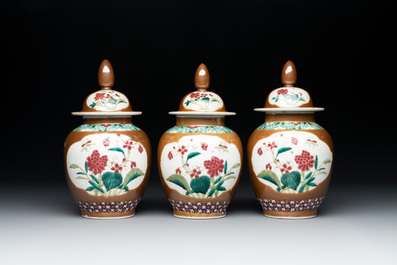 Three Chinese famille rose capucin-brown-ground vases and three covered sugar bowls, 18/19th C.
