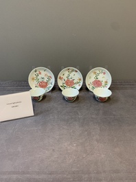 Three Chinese famille rose 'birds and flowers' cups and saucers, Yongzheng