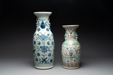 A pair of Chinese Nanking famille verte crackle-glazed vases, a famille rose vase and a blue and white celadon-ground vase, Chenghua mark, 19th C.
