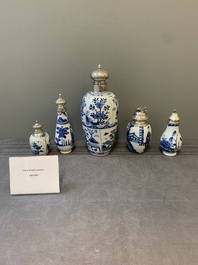 Five Chinese blue and white silver-mounted vases, Kangxi