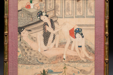 Chinese School: Nine 'erotic' paintings, ink and colour on silk, 19th C.
