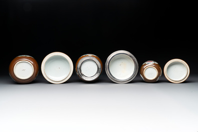 Three Chinese famille rose capucin-brown-ground vases and three covered sugar bowls, 18/19th C.