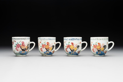 Two Chinese famille rose 'rooster' teapots, a milk jug and four handled cups, Yongzheng