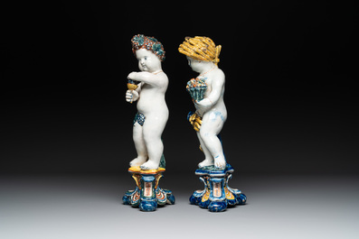 Two polychrome Dutch Delft allegorical figures of the four seasons, 18th C.