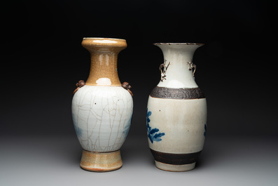 Seven Chinese Nanking blue and white and famille verte crackle-glazed vases, 19/20th C.