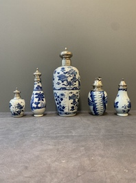 Five Chinese blue and white silver-mounted vases, Kangxi