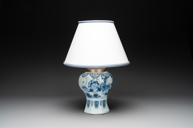 A rare blue and white Dutch Delft chinoiserie vase with elephants mounted as a lamp, 17th C.