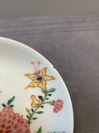 Three Chinese famille rose 'birds and flowers' cups and saucers, Yongzheng