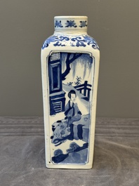 A Chinese blue and white square flask and cover with figural design, Kangxi