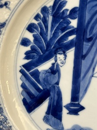Three Chinese blue and white plates with figural design, Jiajing and Chenghua marks, Kangxi