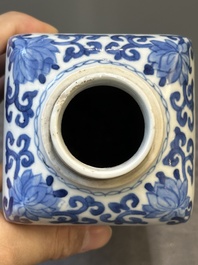 A Chinese blue and white square flask and cover with figural design, Kangxi
