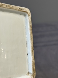 A Chinese blue and white square flask and cover with figural design, Kangxi