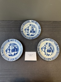 Three Chinese blue and white 'Long Eliza' plates, Chenghua mark, Kangxi
