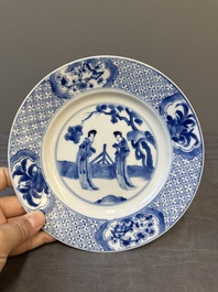Three Chinese blue and white 'Long Eliza' plates, various marks, Kangxi