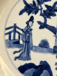 Three Chinese blue and white 'Long Eliza' plates, various marks, Kangxi
