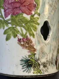 Four Chinese famille rose 'birds and flowers' hat stands, signed Jiang Xiangzong 江湘宗 and Xing Ming 邢明, Tongzhi mark, 19th C.