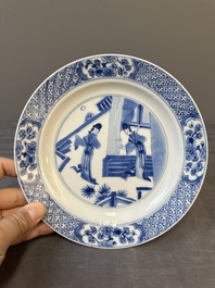 Three Chinese blue and white 'Long Eliza' plates, Chenghua mark, Kangxi