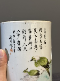 Four Chinese famille rose 'birds and flowers' hat stands, signed Jiang Xiangzong 江湘宗 and Xing Ming 邢明, Tongzhi mark, 19th C.
