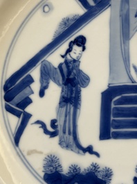 Three Chinese blue and white 'Long Eliza' plates, Chenghua mark, Kangxi