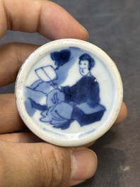 A Chinese blue and white square flask and cover with figural design, Kangxi
