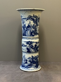 A large Chinese blue and white 'gu' vase with figures in landscapes, Kangxi