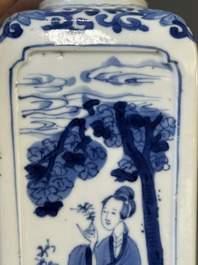 A Chinese blue and white square flask and cover with figural design, Kangxi