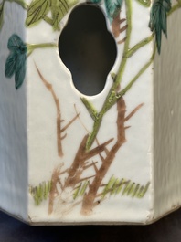 Four Chinese famille rose 'birds and flowers' hat stands, signed Jiang Xiangzong 江湘宗 and Xing Ming 邢明, Tongzhi mark, 19th C.