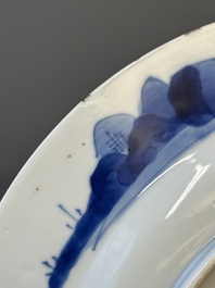 Three Chinese blue and white plates with figural design, Jiajing and Chenghua marks, Kangxi