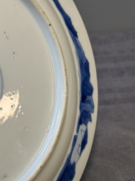 Three Chinese blue and white 'Long Eliza' plates, Chenghua mark, Kangxi