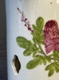 Four Chinese famille rose 'birds and flowers' hat stands, signed Jiang Xiangzong 江湘宗 and Xing Ming 邢明, Tongzhi mark, 19th C.