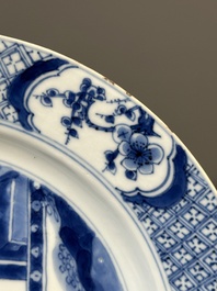 Three Chinese blue and white plates with figural design, Jiajing and Chenghua marks, Kangxi
