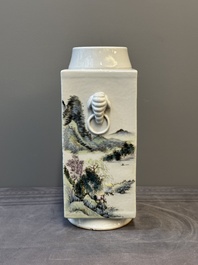 A Chinese qianjiang cai 'landscape' 'cong' vase, Pu Zhu Xuan 圃竹軒 seal mark, 20th C.