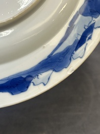 Three Chinese blue and white plates with figural design, Jiajing and Chenghua marks, Kangxi