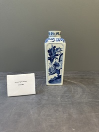 A Chinese blue and white square flask and cover with figural design, Kangxi