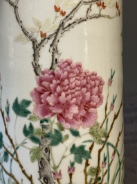 Four Chinese famille rose 'birds and flowers' hat stands, signed Jiang Xiangzong 江湘宗 and Xing Ming 邢明, Tongzhi mark, 19th C.