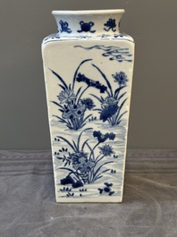 A Chinese blue and white square flask with floral design, Kangxi