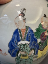 A Chinese famille rose 'ladies and boys' jar with wooden cover and stand, Yongzheng/Qianlong