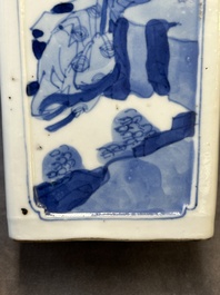 A Chinese blue and white square flask and cover with figural design, Kangxi