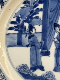 Three Chinese blue and white plates with figural design, Jiajing and Chenghua marks, Kangxi