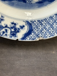 Three Chinese blue and white plates with figural design, Jiajing and Chenghua marks, Kangxi