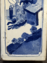 A Chinese blue and white square flask and cover with figural design, Kangxi